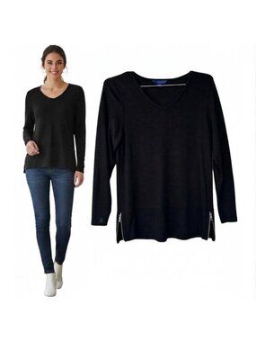 Women Knit Top APT 9 Sz XS Black Ruched Long Sleeve V-neck Shirt zip detail New